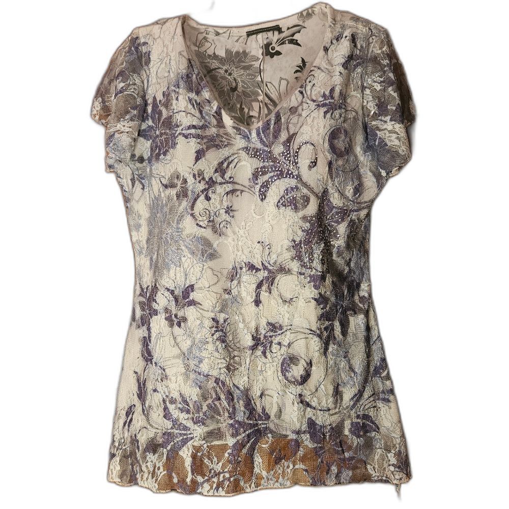 Floral Lace Sparkle Mesh Top M - White Grey Shimmer Tea Party‎ Boho